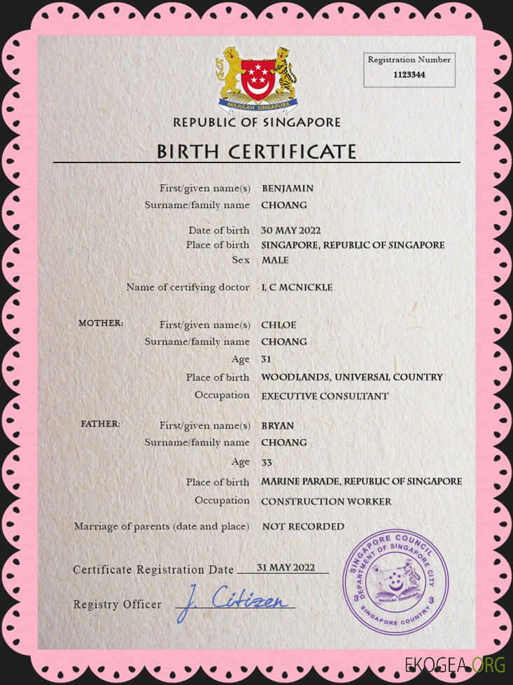 Modèle PSD de certificat de naissance de l'état civil de Singapour